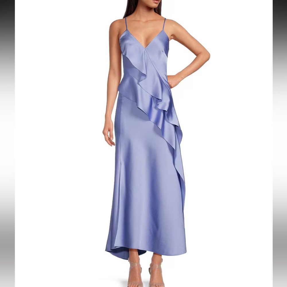 Gianni Bini Quinn Ruffle Draped V-Neck Sleeveless Satin Dress